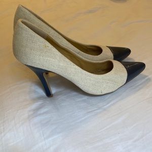 Two tone canvas heels with blue toe cap. Approximately 3.75 inch heel